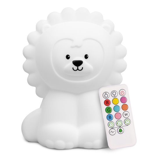 Luther the Lion silicone night light shaped like a white lion with a matching color-changing remote control.