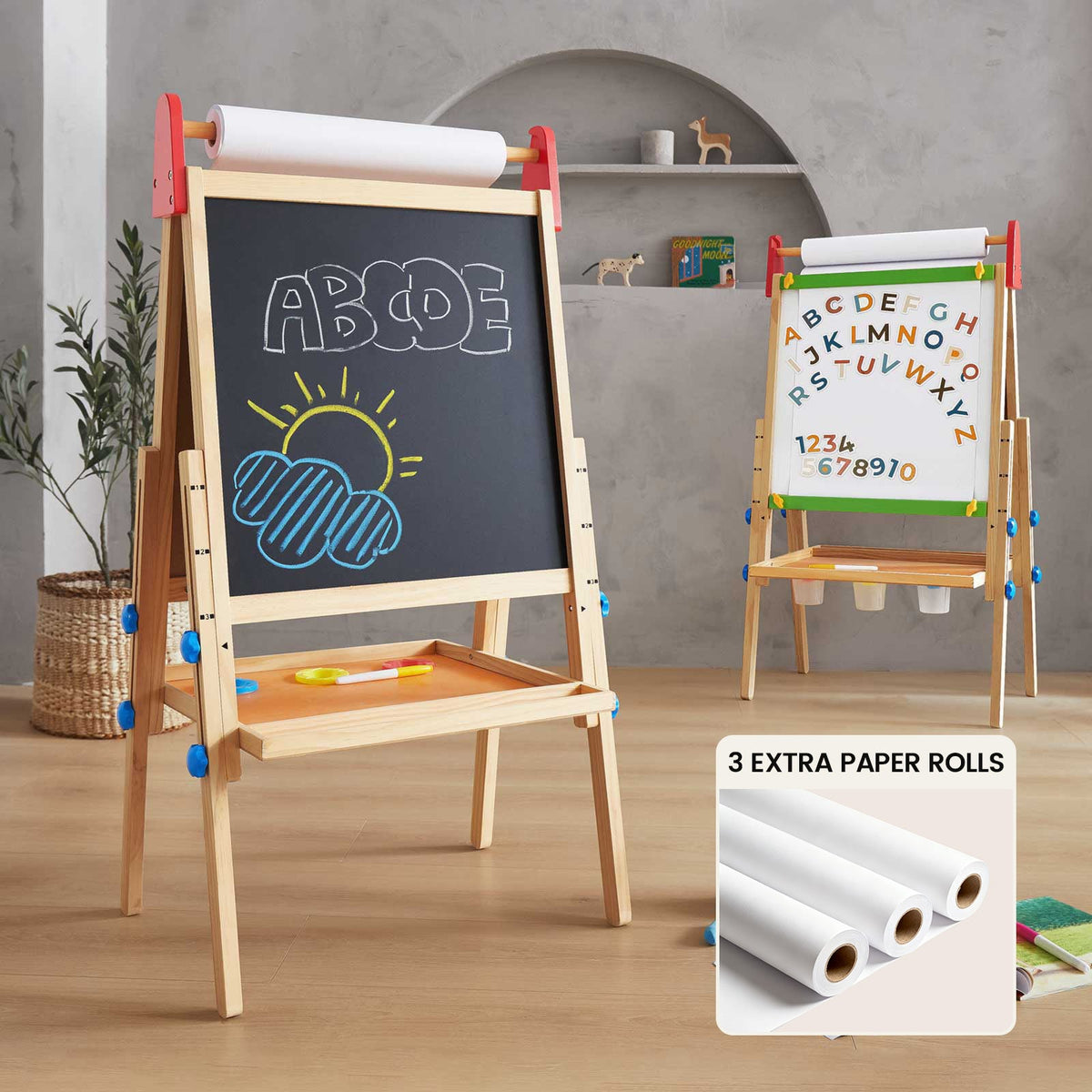 Tiny Land® 3-in-1 Art Easel & Paper Roll Set – main product photo showing double-sided wooden easel with art supplies