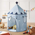 Starry Indoor Play Tent for Toddlers in blue, featuring a conical shape with white stars, a star-shaped topper, and roll-up windows to create a cozy kids clubhouse.