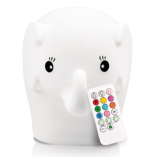 Eggbert the Elephant Silicone Night Light, a white elephant-shaped silicone lamp with a small remote control featuring colorful buttons for color changing.