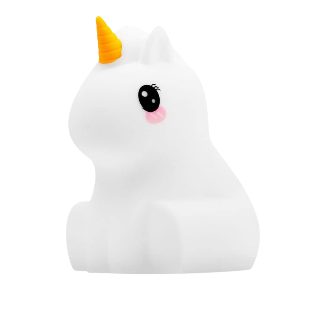 Unicorn Mini Night Light featuring a white sitting unicorn with a yellow horn, cartoon-style eyes, and a rechargeable design.