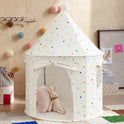 Starry Indoor Play Tent for Toddlers, a conical white fabric playhouse with colorful polka dots, topped with a star and containing a stuffed rabbit and a small pillow.