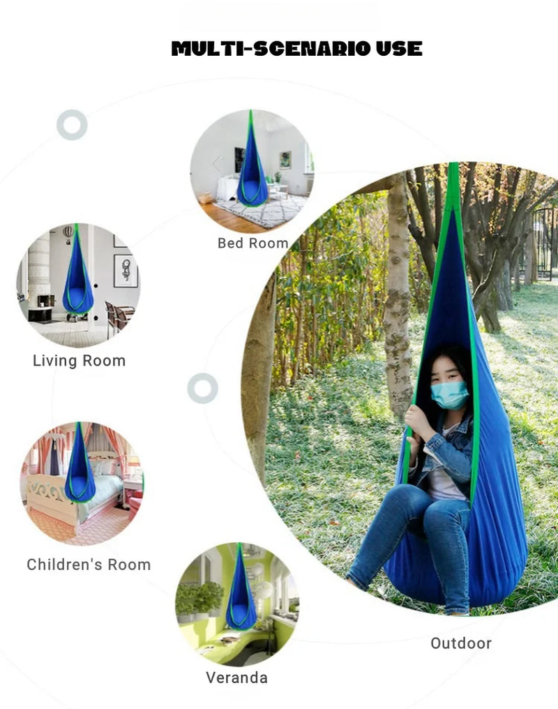100% Cotton Canvas Kids Pod Swing Seat Sensory Hammock Child Joy Chair for Indoor and Outdoor Use with Hanging Kit and Strap
