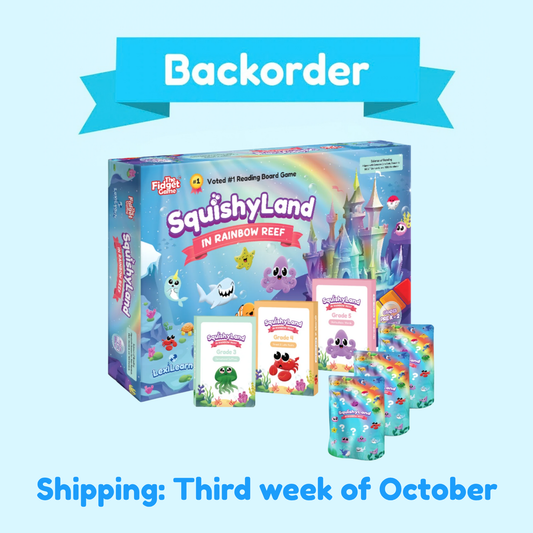 Squishyland + Expansion Pack Bundle box and educational card packs featuring colorful cartoon sea creatures, with a blue Backorder banner at the top and Shipping: Third week of October at the bottom.