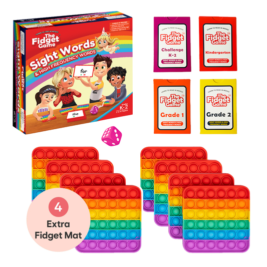 Sight Words Game + Extra Rainbow Mats featuring a boxed sight words game, four decks of challenge cards, and eight rainbow-colored silicone pop-it sensory mats designed to build reading fluency.
