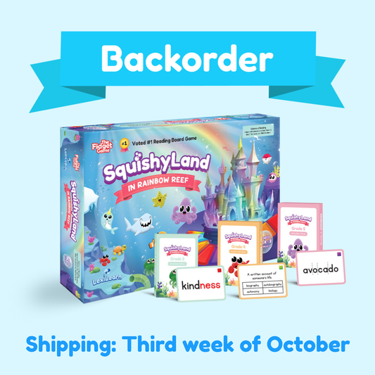 Squishyland + Grades 3–5 Expansion Packs set surrounded by learning games and vocabulary cards, featuring a blue Backorder banner at the top and a shipping notice at the bottom.