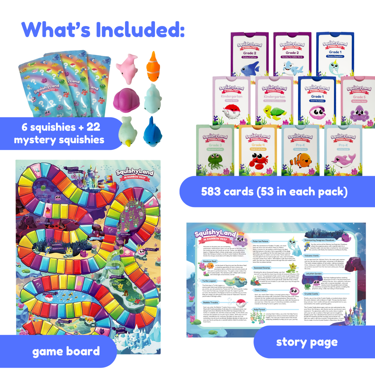 Squishyland + Expansion Pack Bundle containing 28 small animal figures, 11 sets of phonics games, a colorful winding path board game, and a printed story page.