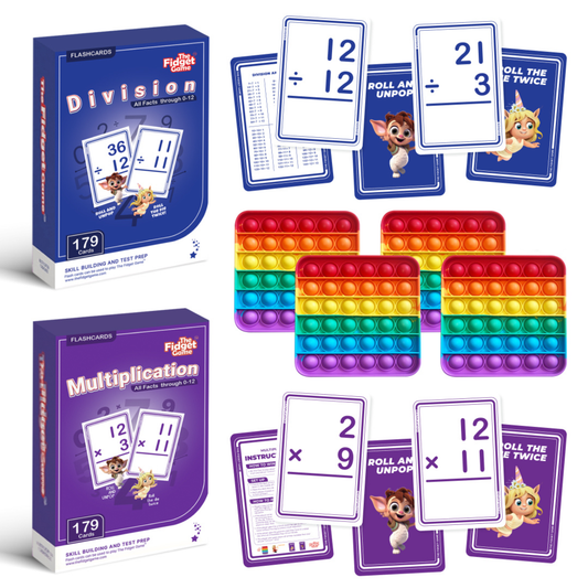 Math Card Pack Bundle (Multiplication + Division) featuring two sets of 179 flashcards with instruction sheets and three rainbow-colored silicone bubble popping toys for kids’ math games.