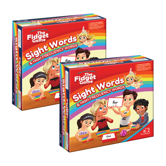 Two identical boxes of The Fidget Game: Sight Words – 2-Pack, featuring cartoon children playing with colorful fidget toys and sight word cards.