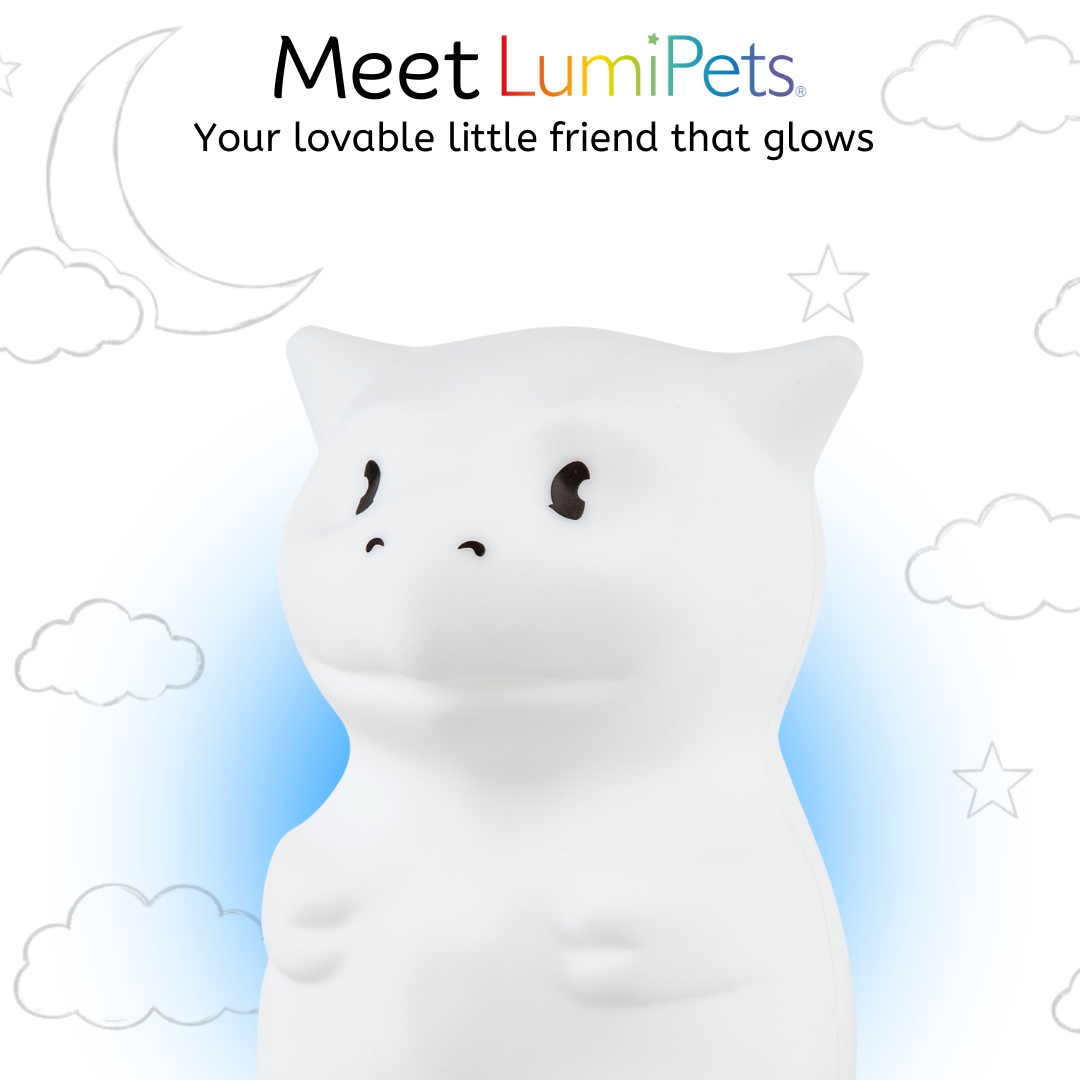 A white Dragon Silicone Night Light glows in front of a background with line-drawn clouds, stars, and a crescent moon, with text introducing it as a cuddly kids night light.