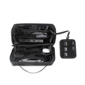 The Tech Pouch in sleek black opens to organize your essentials—cables, a mouse, hub, and four SD cards in a detachable holder—making it the perfect travel accessory for electronic accessories.