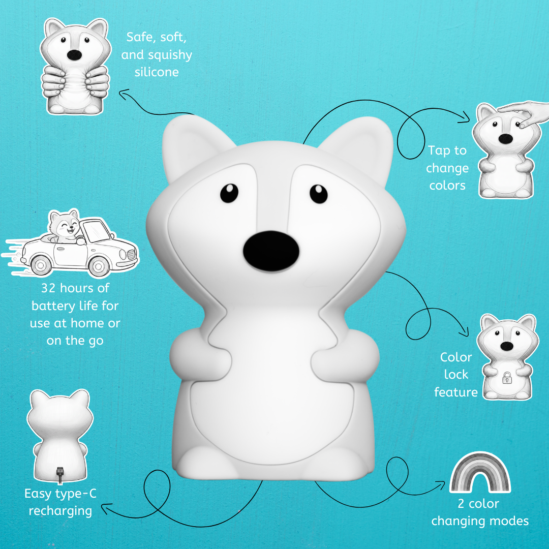 Felix the Fox Mini Night Light, a white fox-shaped rechargeable night light surrounded by icons showing its soft silicone material, tap-to-change colors, 32-hour battery life, color lock, Type-C charging, and color learning modes.