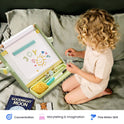 A child plays with a 3-in-1 Adjustable Tabletop Art Easel displaying the word JOY and a sun drawing, using magnetic letters and a board eraser.