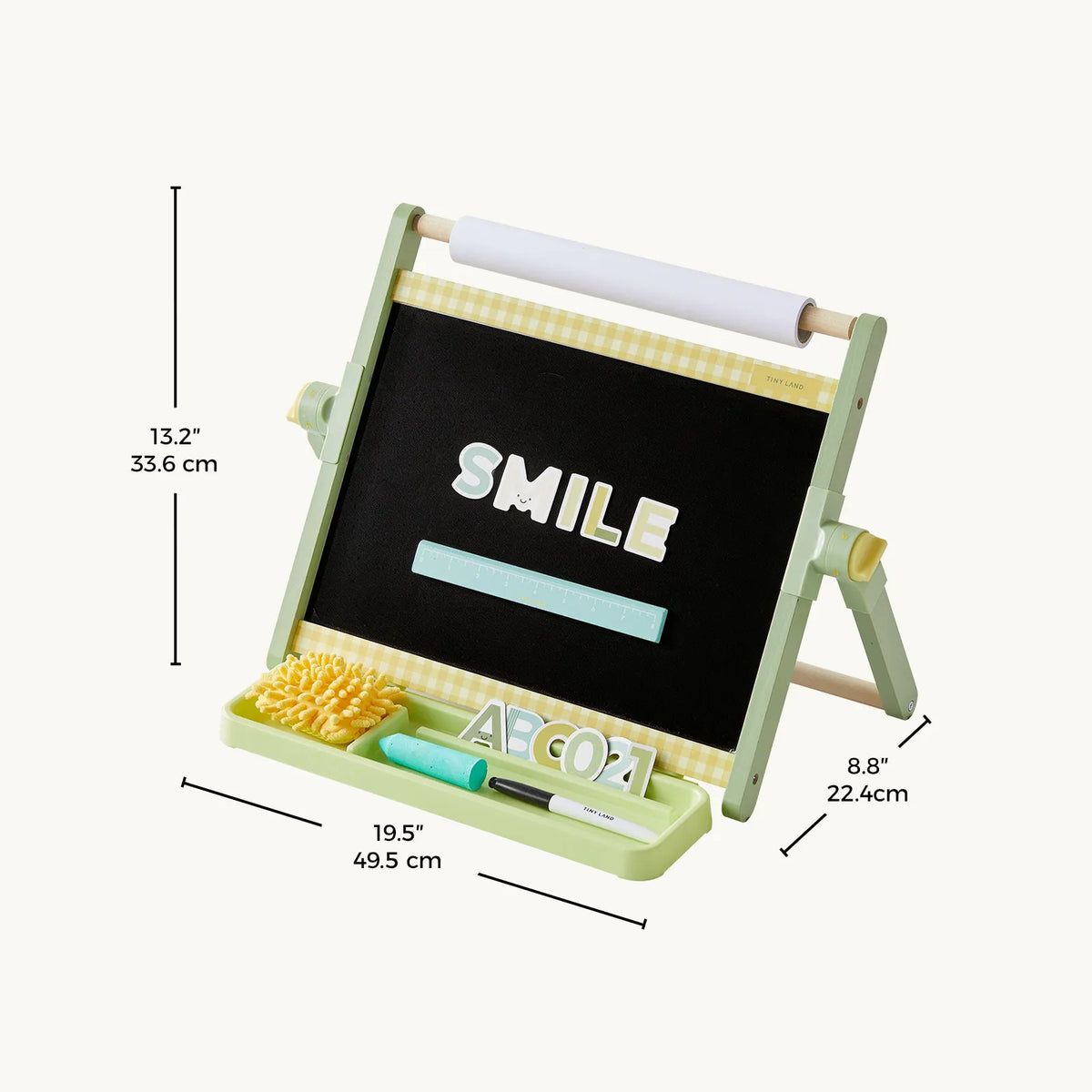 3-in-1 Adjustable Tabletop Art Easel featuring a chalkboard, a paper roll, and a bottom storage tray with chalk, a marker, a sponge, and letter magnets.