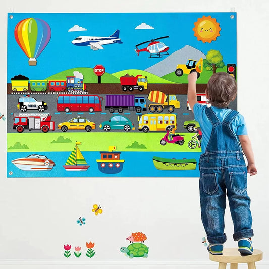 Farm Animals Felt Story Busy Board 4 in 1 Themed Storytelling Farm Sea Zoo Vehicle Early Learning Interactive Wall Hanging Gifts