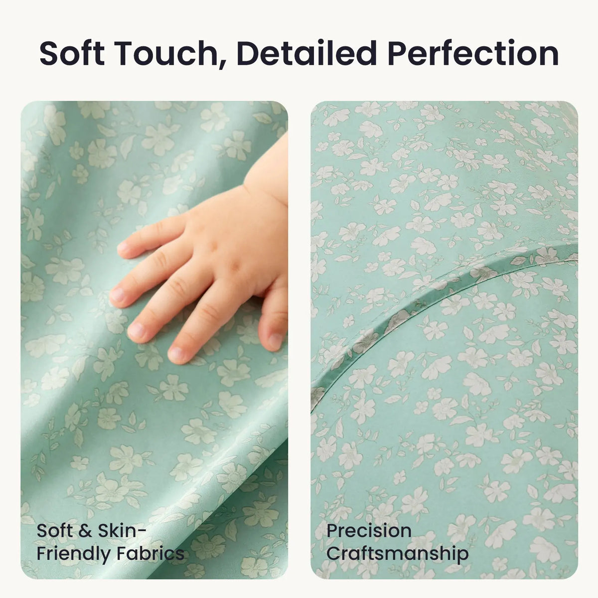 Close-up of a child’s hand on the light green floral fabric of the Adventure Crawl Tunnel (68″), showing a curved seam alongside text reading Soft Touch, Detailed Perfection, Soft & Skin-Friendly Fabrics, and Precision Craftsmanship.