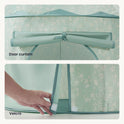 Two panels showing a Starry Indoor Play Tent for Toddlers with a floral pattern, a roll-up door curtain secured by ties, and side flaps fastened with velcro.