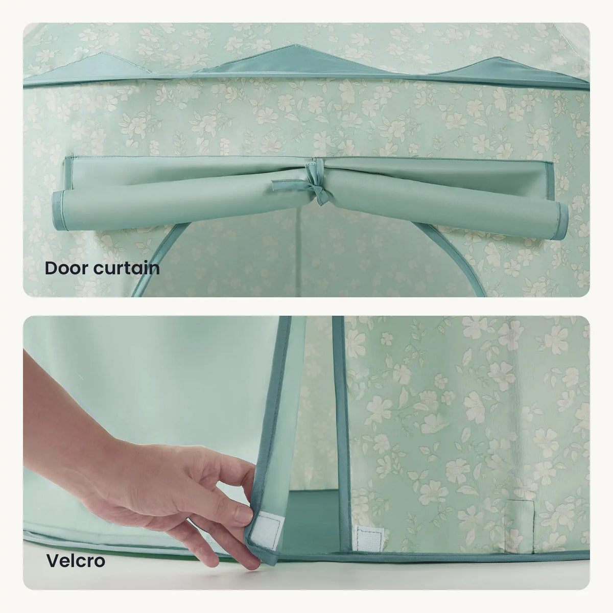 Two panels showing a Starry Indoor Play Tent for Toddlers with a floral pattern, a roll-up door curtain secured by ties, and side flaps fastened with velcro.