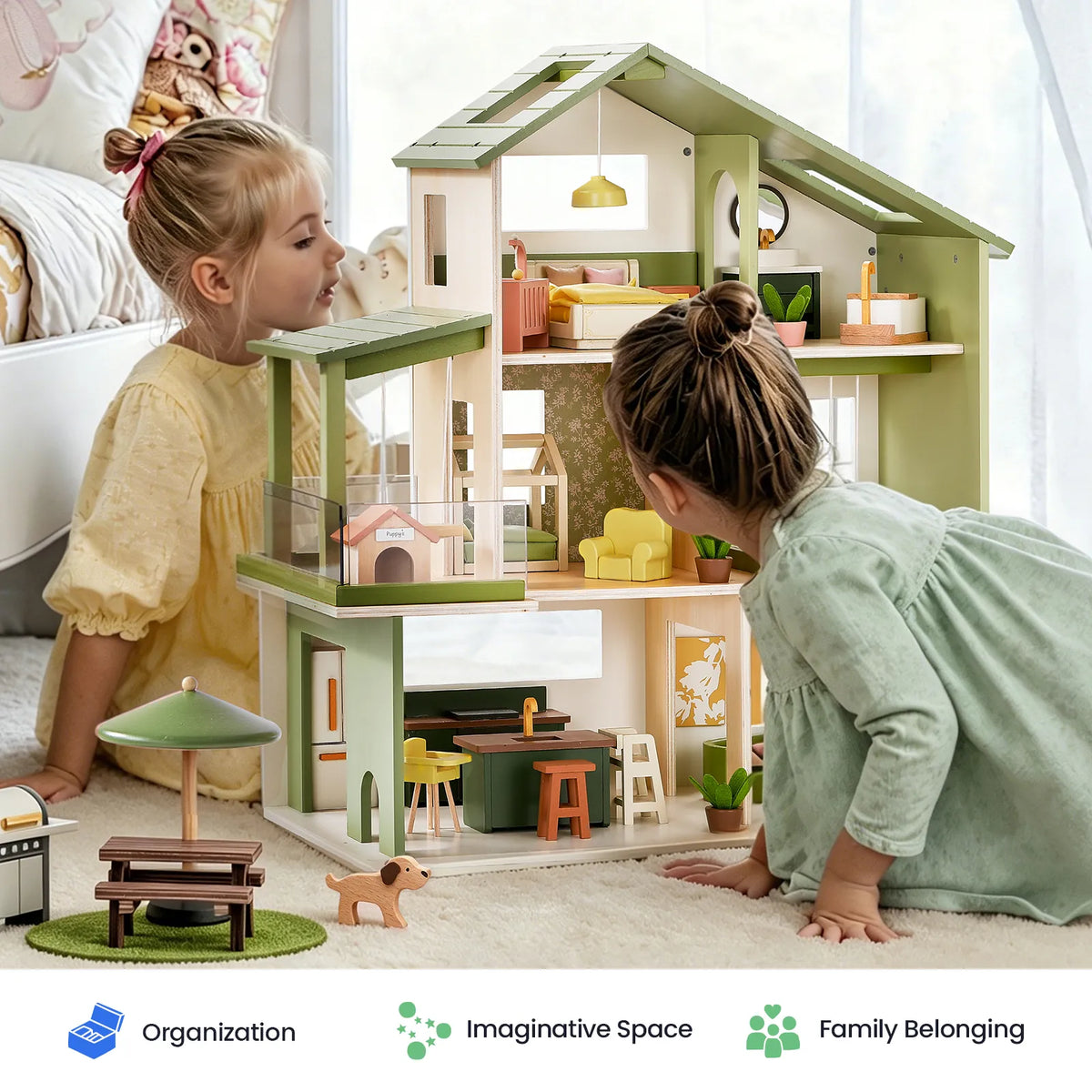 Two children play with a Sweetwood Cottage Dollhouse (48-pc Furniture), a multi-level wooden dollhouse furnished with 1:12 scale chairs, tables, beds, and a pet area.