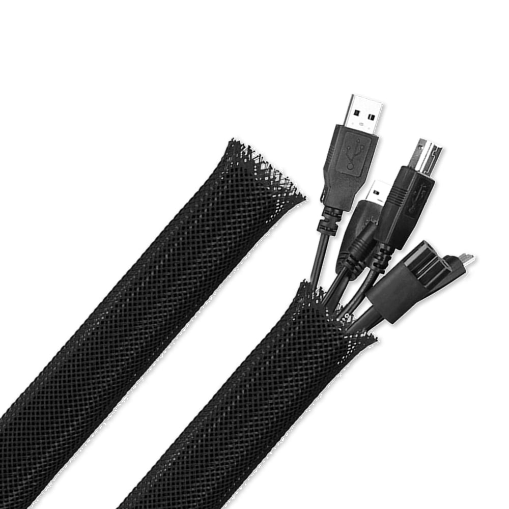 A black mesh sleeve from the Cable Management Kit holds multiple cables with varied connectors, such as USB and audio jacks, neatly organized against a white background.