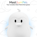 Pebbles the Penguin Silicone Night Light is a white, penguin-shaped lamp with black eyes against a backdrop of a crescent moon, clouds, and stars, featuring the text Meet LumiPets. Your lovable little friend that glows.