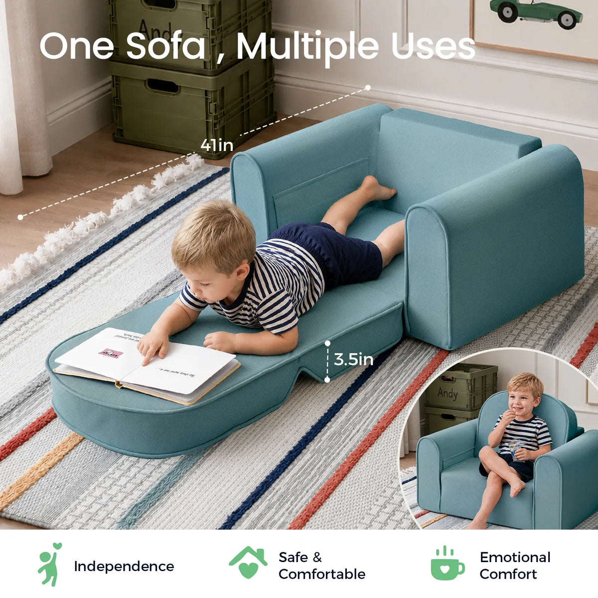 A blue foam GentleSnug Flip-Open Kids Sofa & Nap Mat that unfolds into a flat nap mat for a child to lie on and read, with an inset showing the child sitting upright in the chair.