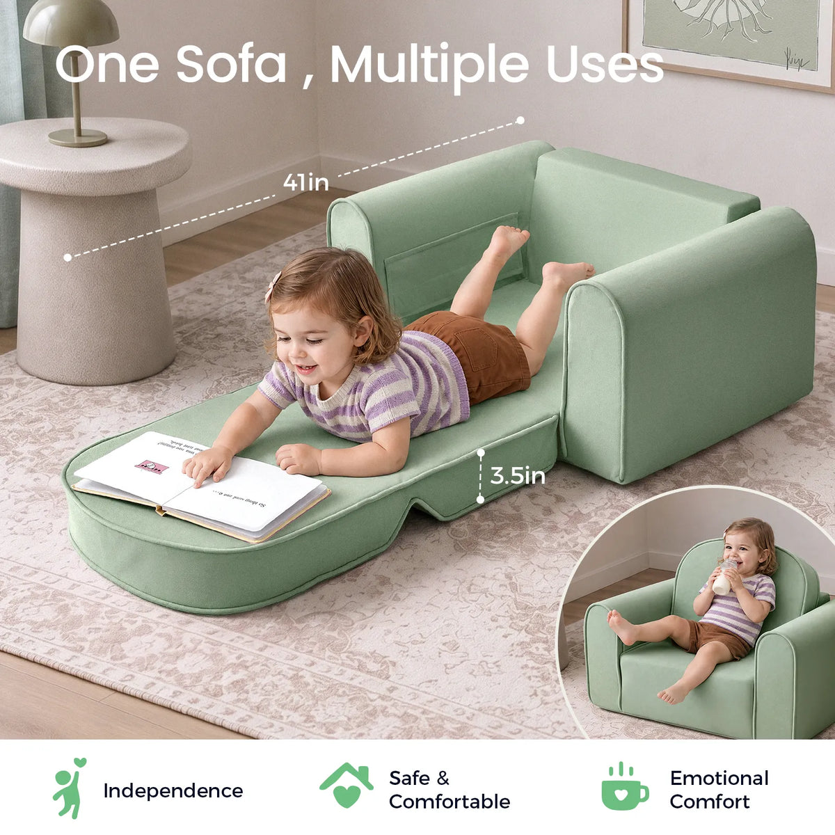A young child reads a book while lying on a sage green GentleSnug Flip-Open Kids Sofa & Nap Mat, with an inset image showing the child sitting on the seat; text overlay highlights product dimensions and versatile use.