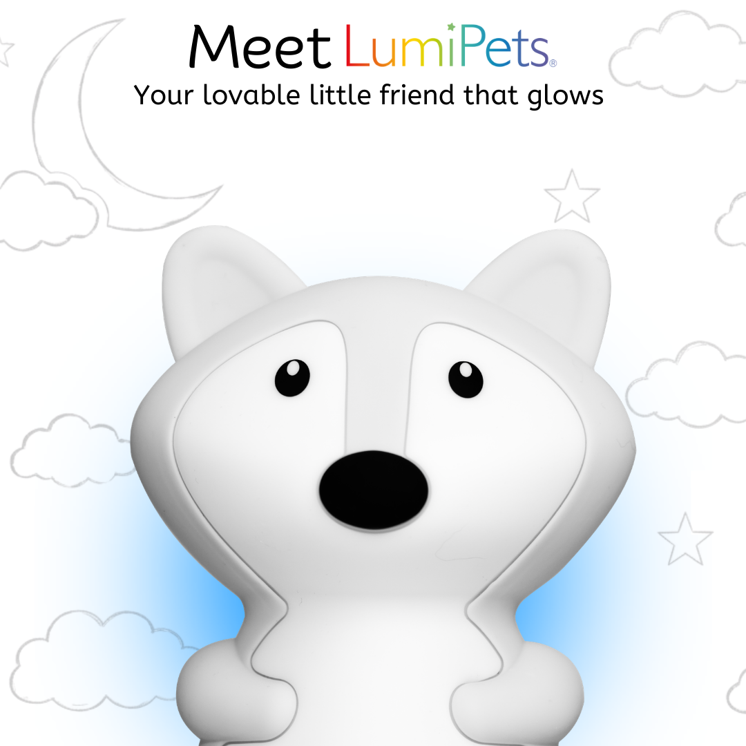Felix the Fox Mini Night Light is a rechargeable white fox-shaped night light with a blue glow at its base, set against a background of clouds, a crescent moon, and stars, with text reading: Meet LumiPets. Your lovable little friend that glows.
