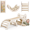 A toddler lies under the 4in1 Montessori Climbing Set, featuring an ivory Pikler triangle with grips, arch, slide board, and soft cushion—all made for ages 1–3.