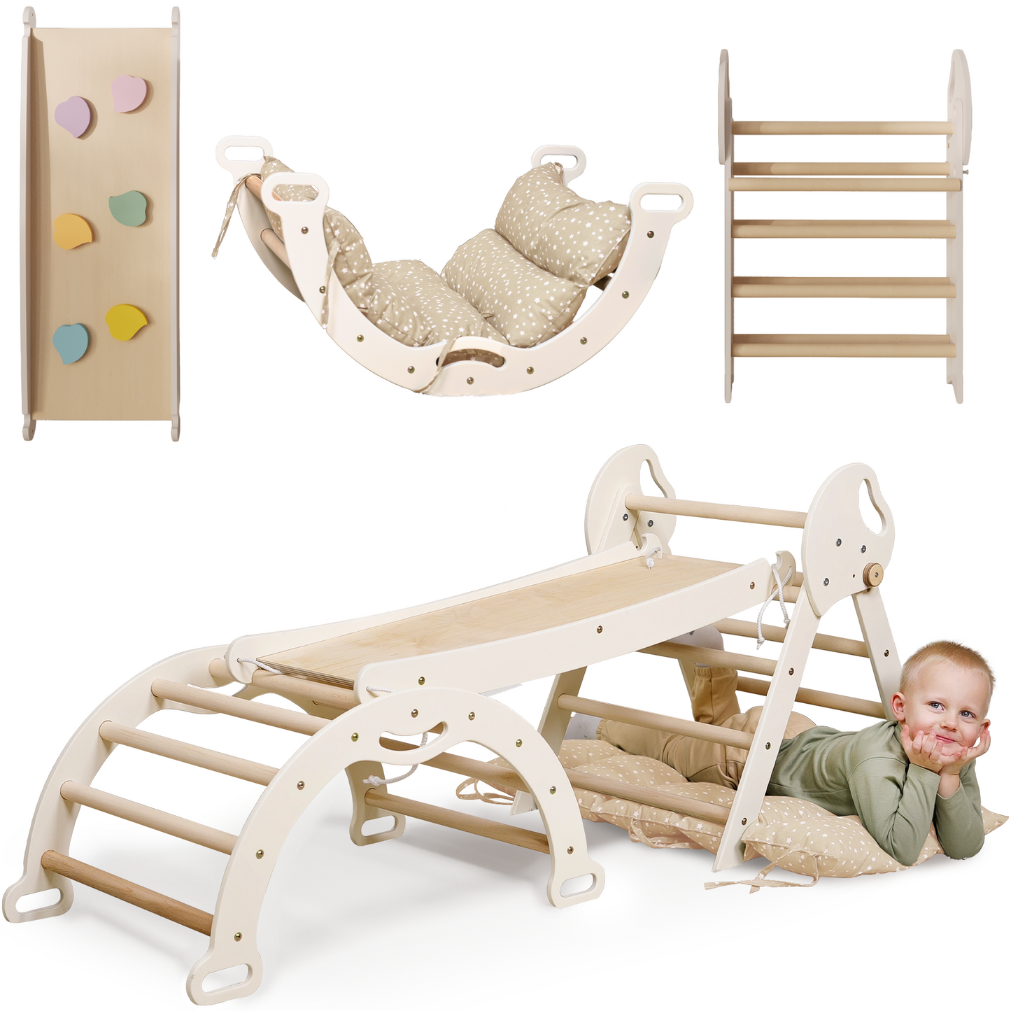 A toddler lies under the 4in1 Montessori Climbing Set, featuring an ivory Pikler triangle with grips, arch, slide board, and soft cushion—all made for ages 1–3.
