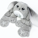 Gamma the Moon Pal – 5 lb Weighted Plush is a grey weighted rabbit with long drooping ears, large expressive eyes, and crescent moon symbols on its belly and feet, perfect as a calming hug pillow.