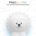 Luther the Lion Silicone Night Light, a white lion-shaped color-changing night light on a background with line-art clouds, stars, and a crescent moon, featuring the text Meet LumiPets: Your lovable rechargeable little friend that glows.
