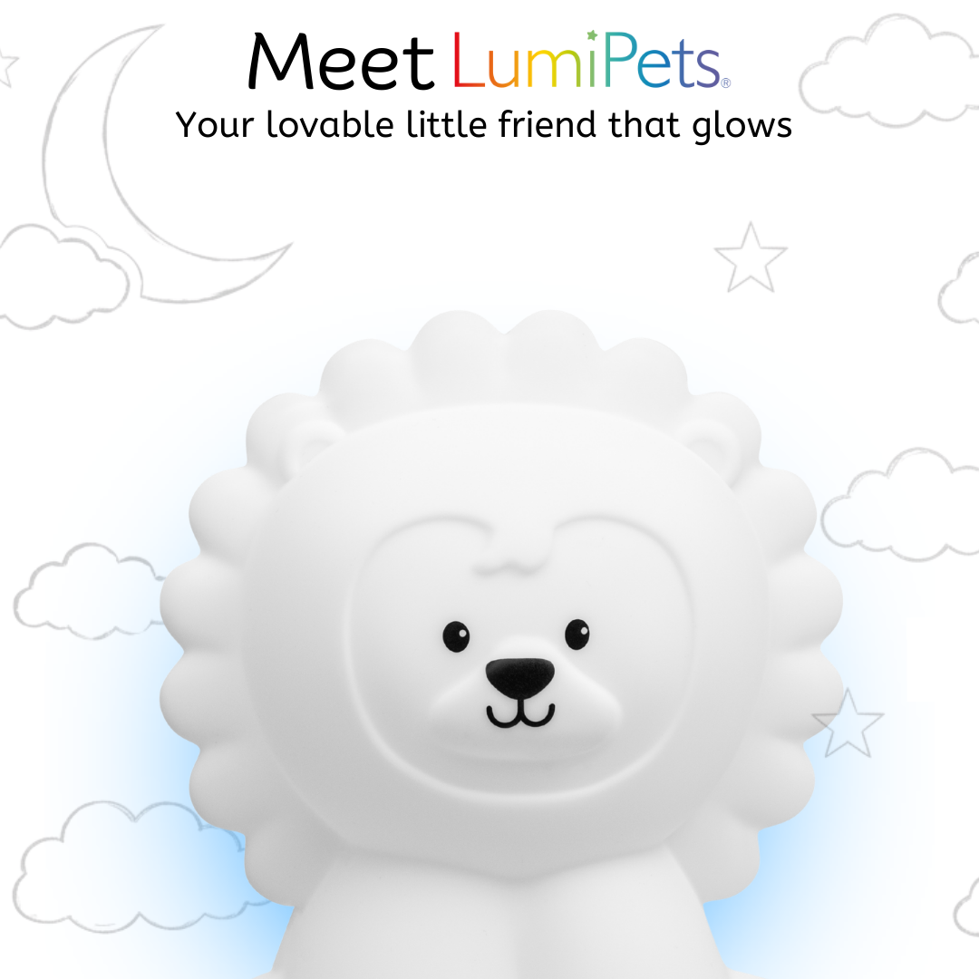 Luther the Lion Silicone Night Light, a white lion-shaped color-changing night light on a background with line-art clouds, stars, and a crescent moon, featuring the text Meet LumiPets: Your lovable rechargeable little friend that glows.