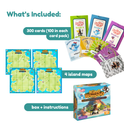 King Komodo Sight Words Game (Grades 3–5) educational set, including three packs of sight word cards, four illustrated island game boards, a box, and instruction materials.