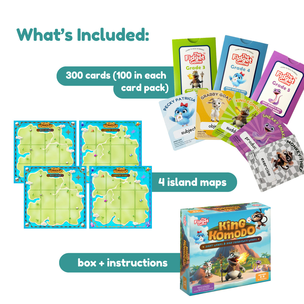 King Komodo Sight Words Game (Grades 3–5) educational set, including three packs of sight word cards, four illustrated island game boards, a box, and instruction materials.