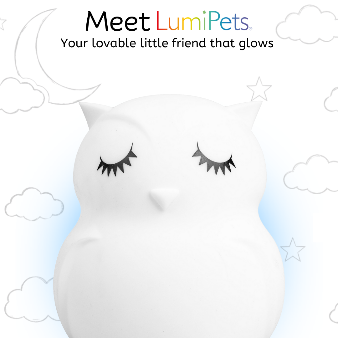 Opal the Owl Silicone Night Light, a white owl-shaped night light with closed eyes set against hand-drawn clouds, stars, and a crescent moon, with text reading: Meet LumiPets, your lovable owl night light and friend for a calming bedtime routine.