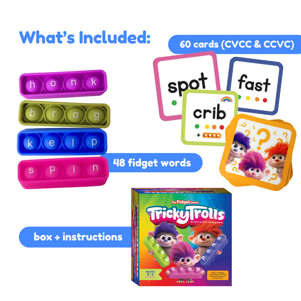 Tricky Trolls Blends Reading Game set including four silicone popper trays for CVCC words, sixty illustrated word cards, and the game box with instructions for learning games.