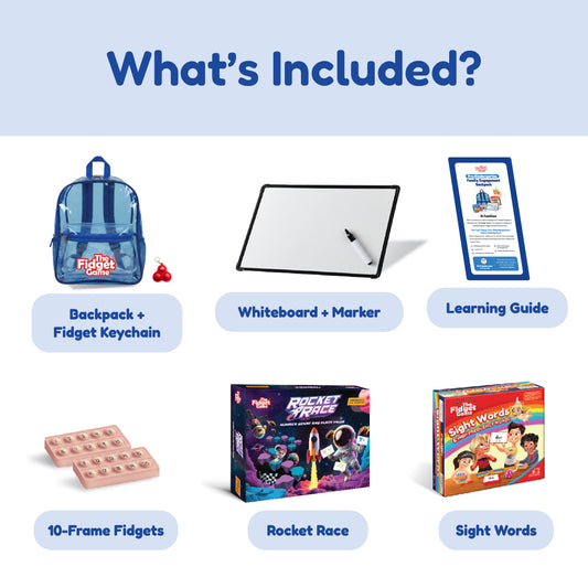 A transparent Grades 1–2 Readiness Backpack containing a fidget keychain, whiteboard with marker, learning guide, two ten-frame math skills tools, and boxed Rocket Race and Sight Words games to practice reading and writing skills.