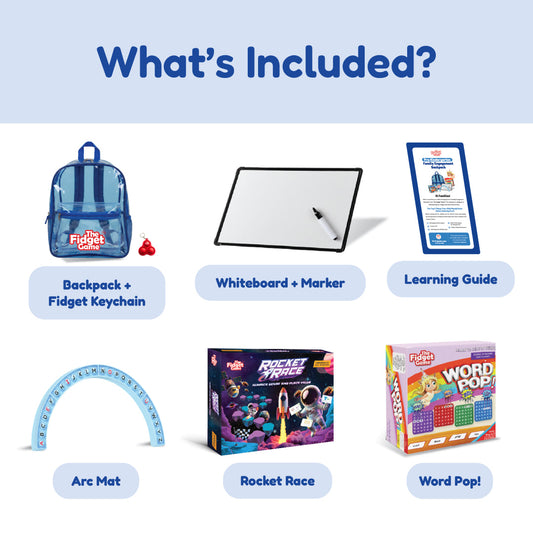 A clear Kindergarten Readiness Backpack containing a fidget keychain, a whiteboard with a marker, a learning guide, an alphabet arc mat, and the board games Rocket Race and Word Pop.