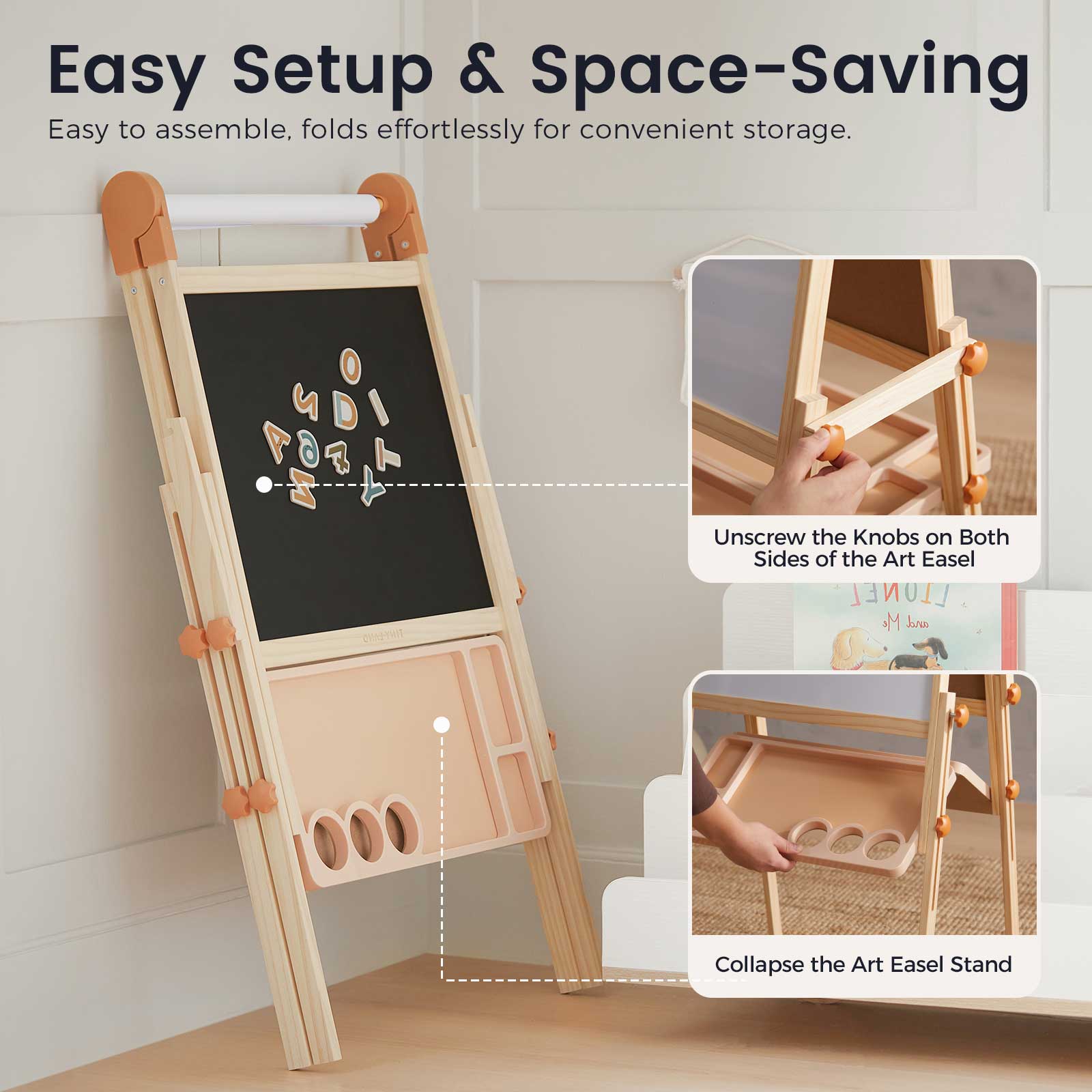 The Tiny Land® Magnitales Easel for Kids is shown folded flat against a wall, with insets showing how to unscrew side knobs and collapse the stand for easy setup and space-saving storage.