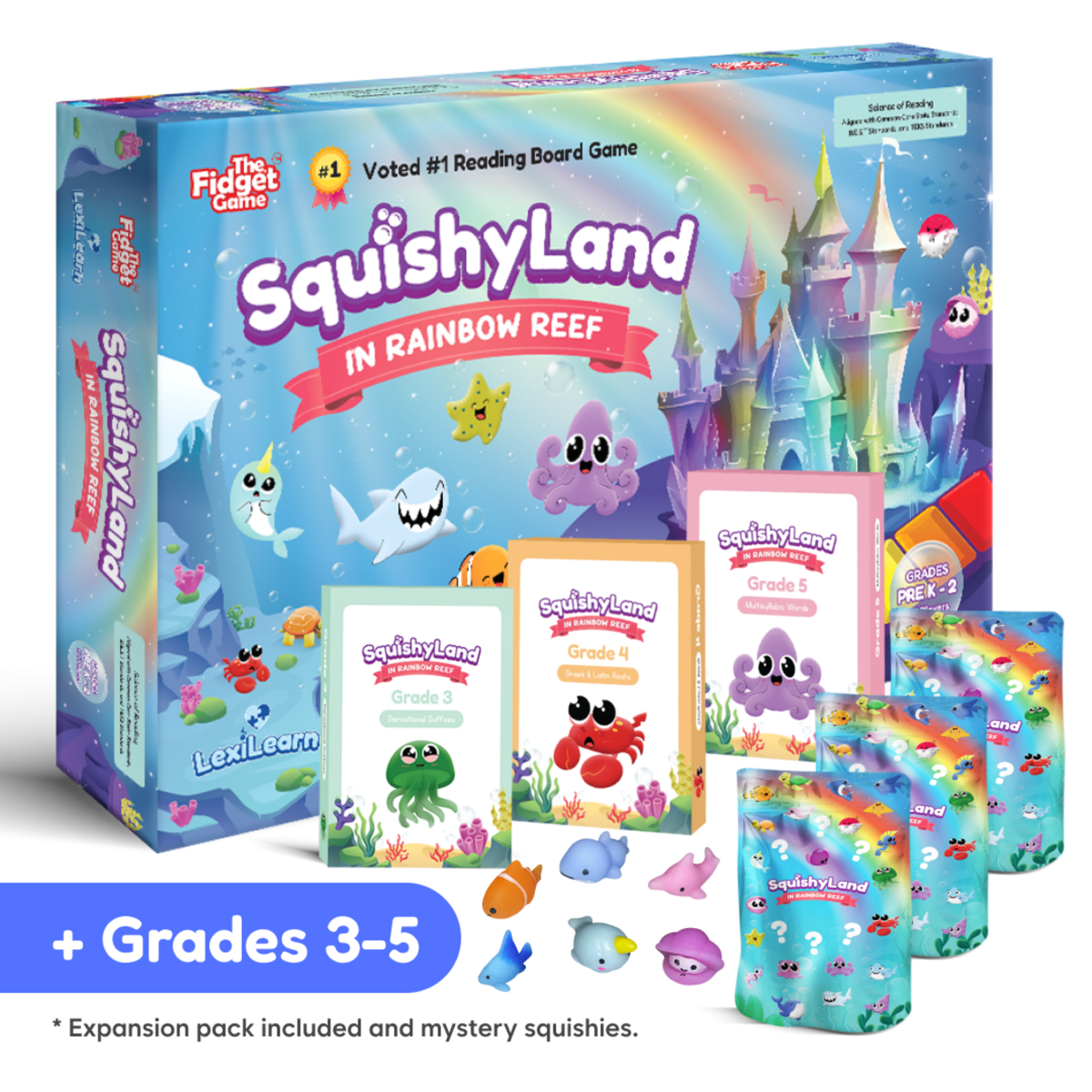 A Squishyland + Expansion Pack Bundle featuring a reading set board game box, three educational grade-level expansion packs, and several small mystery squishy figures.