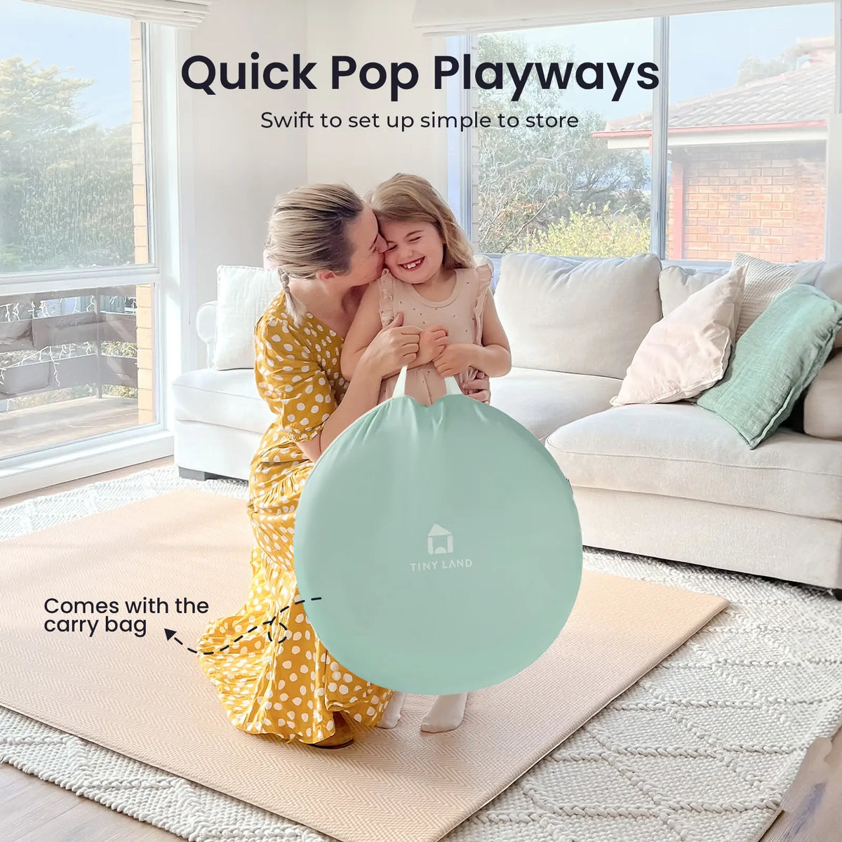 A woman hugs a laughing child while holding a light green storage bag for an Adventure Crawl Tunnel (68″). Text overlays read Quick Pop Playways and Comes with the carry bag.