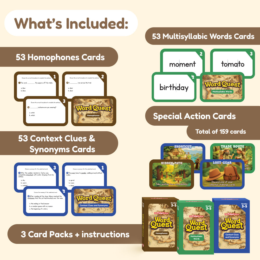 Word Quest Vocabulary Card Pack infographic showing three boxed sets of learning games for homophones, multisyllabic words, and context clues, featuring example cards and special action cards.
