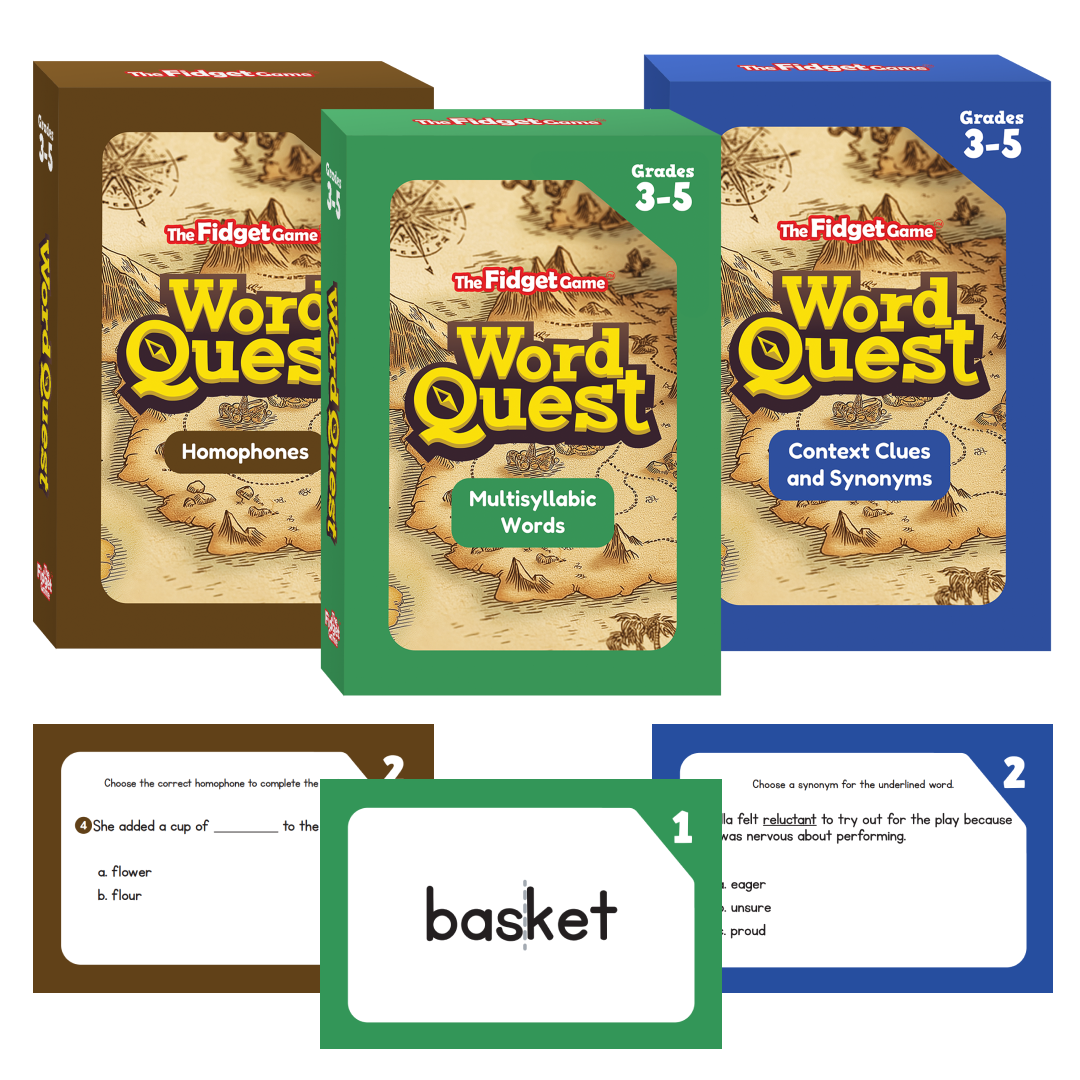 Word Quest Vocabulary Card Pack featuring three boxed learning games for grades 3-5 with maps on the packaging, displayed with three sample vocabulary question cards featuring multiple-choice questions on multisyllabic words and the word basket.