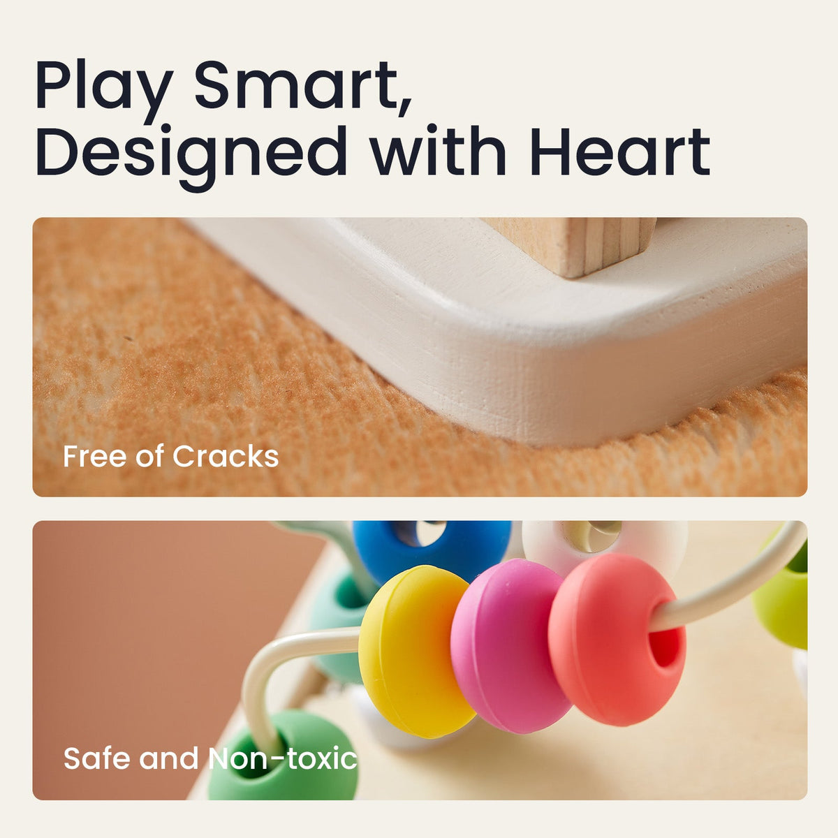 Close-up views of the Montessori Cottage Activity Cube – Rainbow show a smooth, finished edge labeled Free of Cracks and colorful beads on a wire maze labeled Safe and Non-toxic.