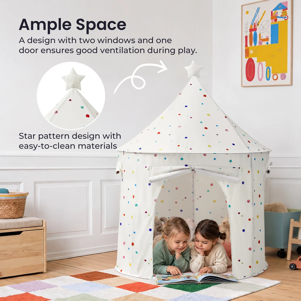 Two children lie on a colorful rug inside a Starry Indoor Play Tent for Toddlers with a star topper, reading a book together in their cozy kids clubhouse.
