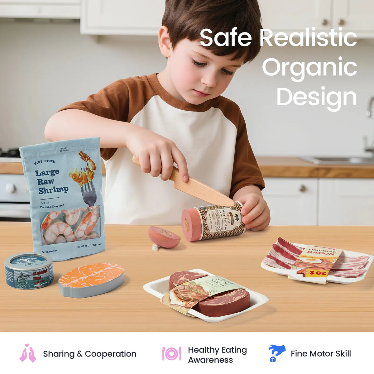 A child plays with a Pretend Meat & Seafood Play Pack, including a shrimp bag, a tuna can, a salmon fillet, a sausage, a steak, and bacon, while enjoying kitchen play on a table.
