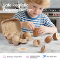 A child plays with a Wooden Egg Breakfast Play Set (6 pc), featuring a carton, eggs that separate into halves, and a fried egg felt piece.