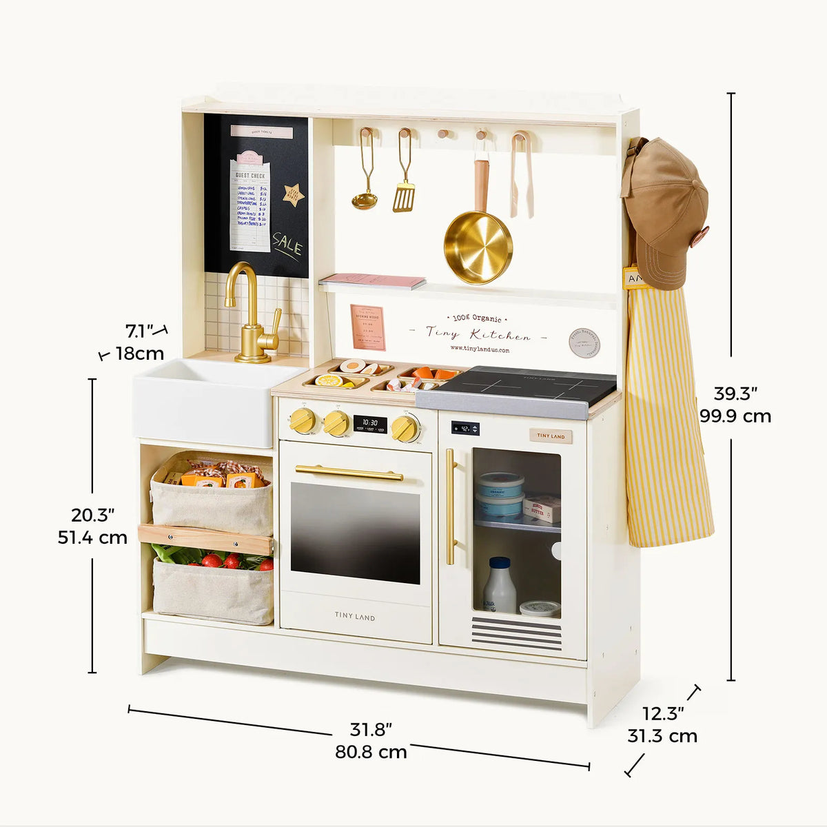 BistroSwitch 2-in-1 Play Kitchen & Bistro featuring a sink, oven, stovetop, shelving with baskets, and hanging utensils, with dimensions overlaid in inches and centimeters.