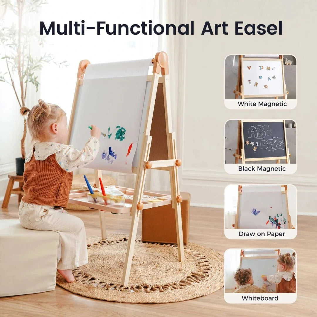 A young child sits on a stool at the Tiny Land® Magnitales Easel for Kids, drawing with markers. Inset images show its four uses: white magnetic board, black magnetic board, paper drawing, and as a whiteboard.